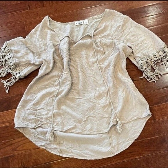 Cato mocha Swiss dot fringe sleeve top size large - Picture 2 of 6